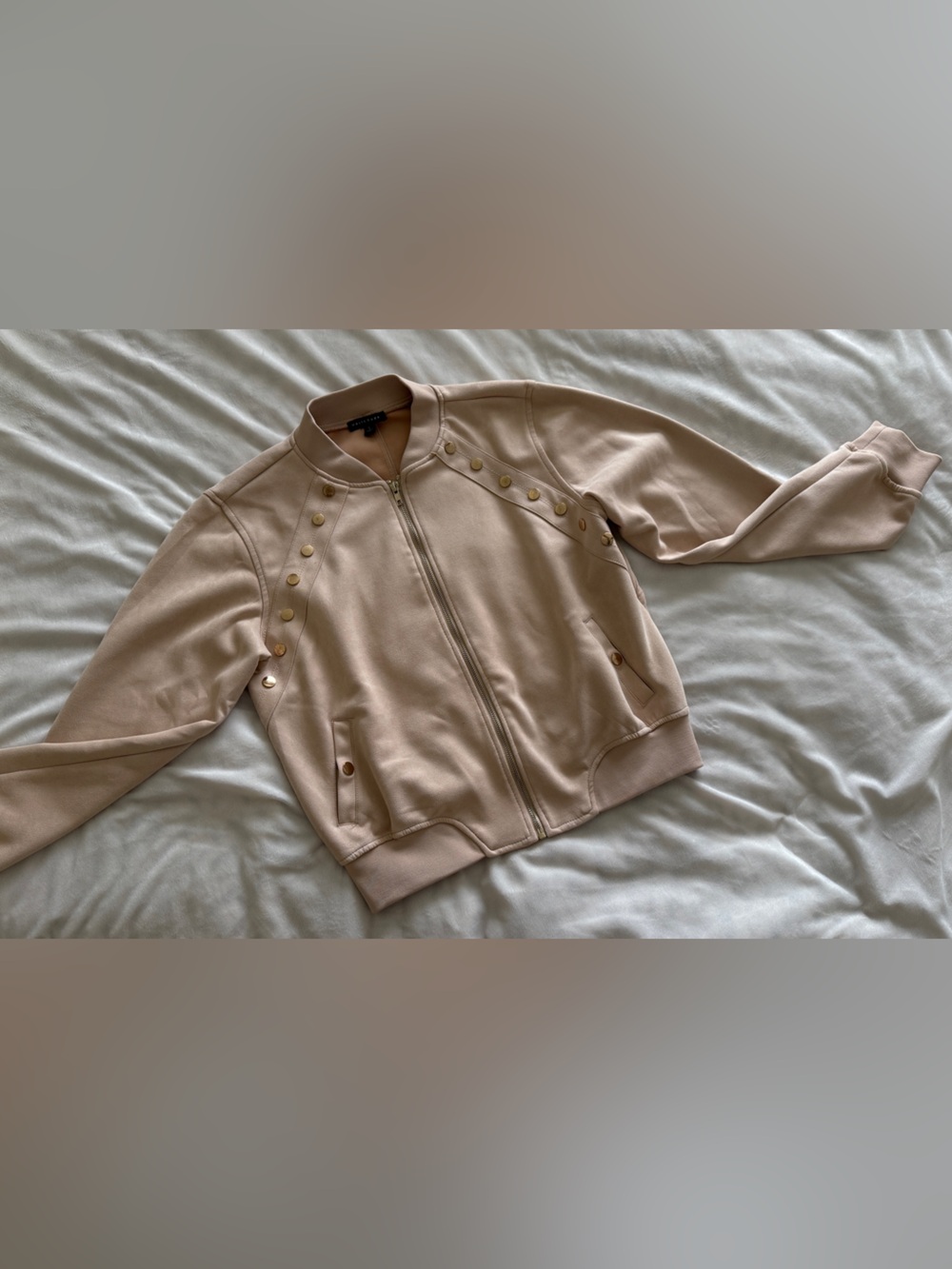 Haute Monde Women’s Beige Moto Jacket Gold Snap Zip Front Size Large